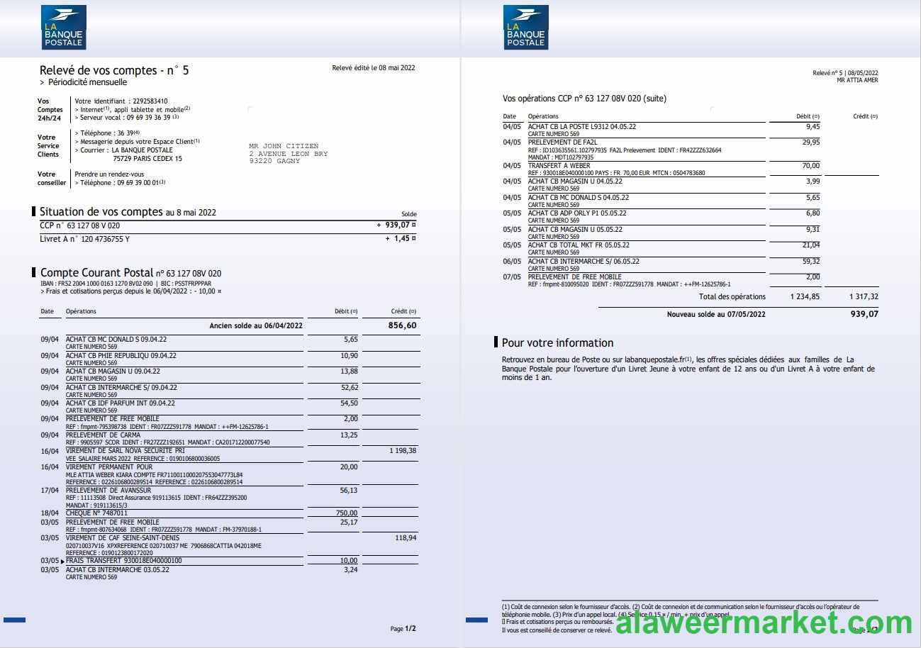 France La Banque postale bank statement 3 pages